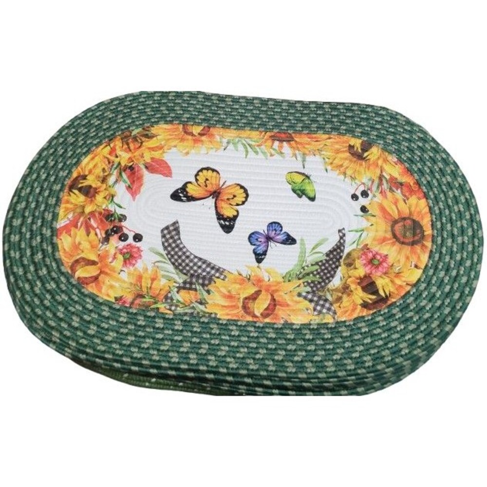 Oval Braided Rug (20"x30") COLORFUL BUTTERFLIES, FLOWERS & SUNFLOWERS, green, CE